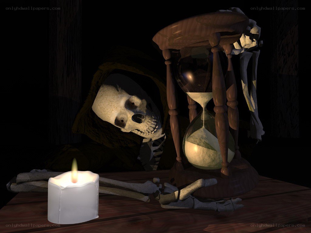 skeleton with hourglass and candle
