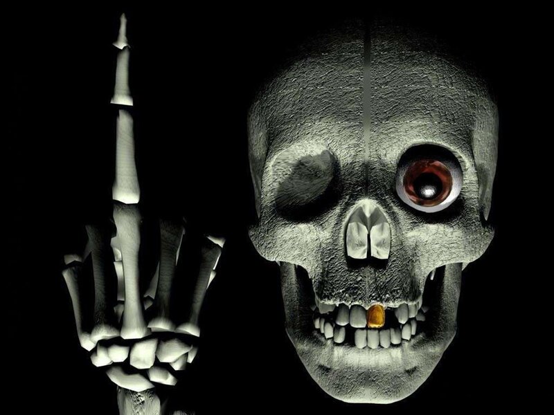 skeleton with middle finger
