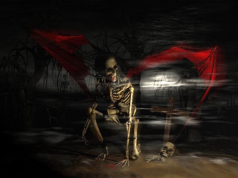 Skeleton with Red Wings — Black, Dark, Eerie