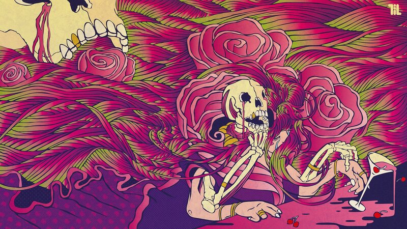 skeleton with roses and drink