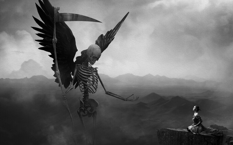 skeleton with scythe and woman