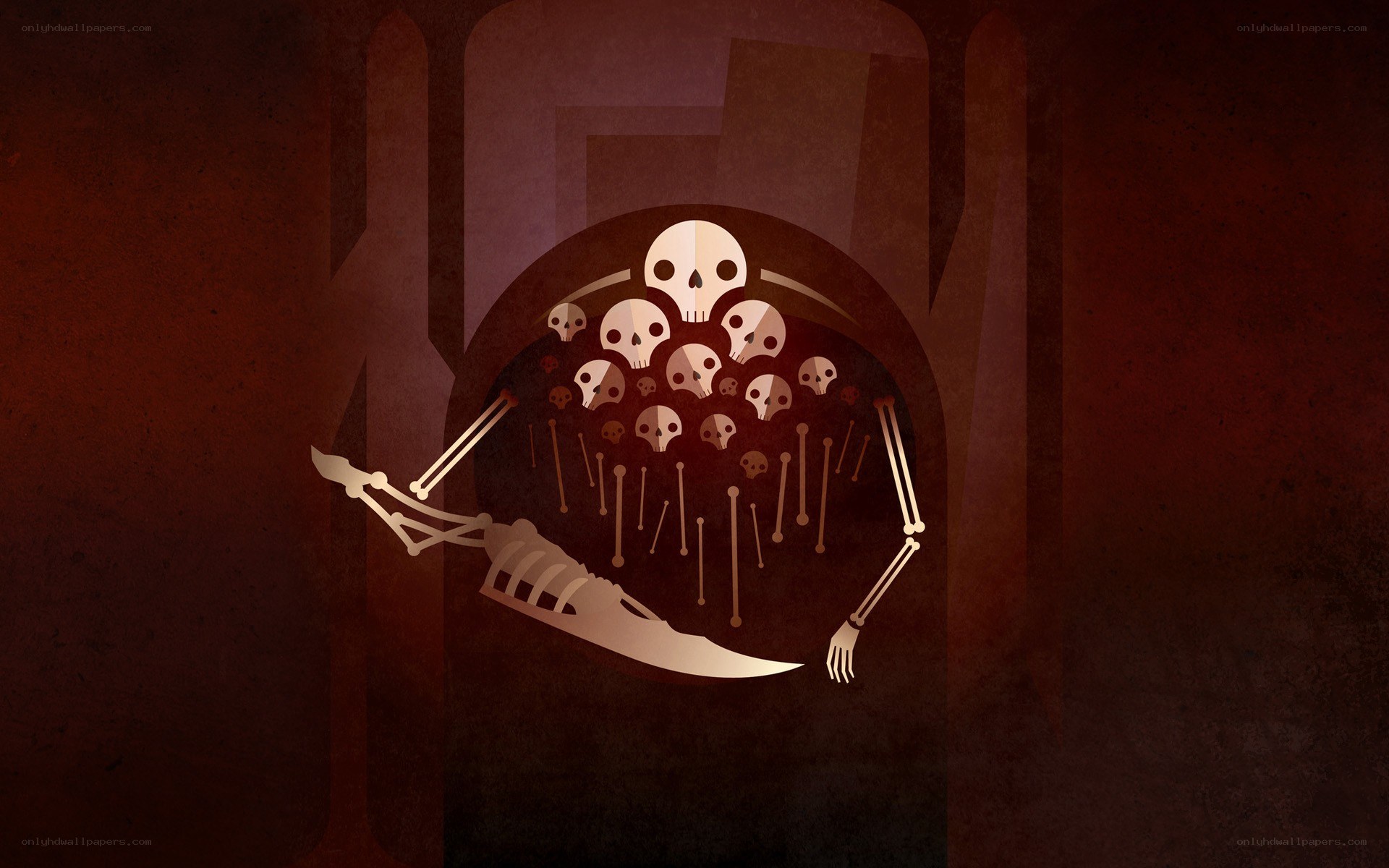 skeleton with skulls in tunnel