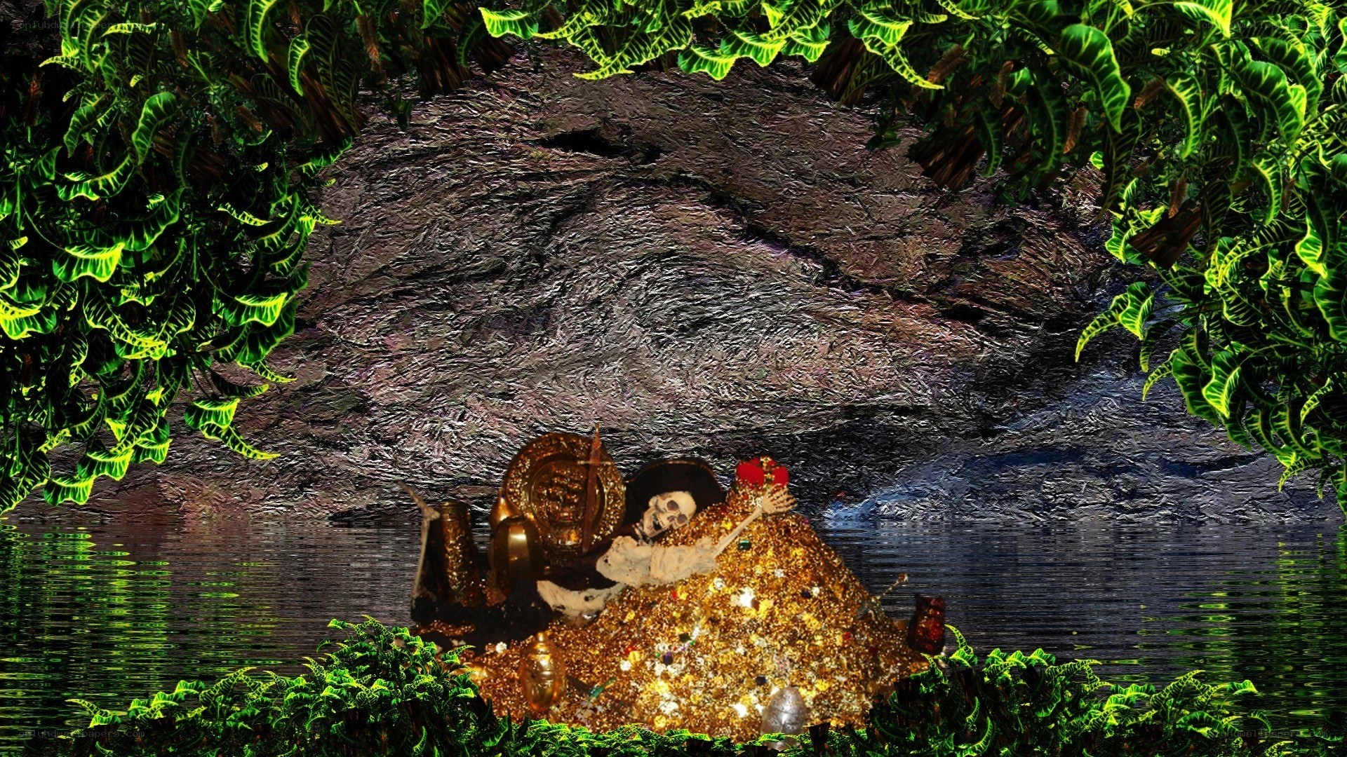 skeleton with treasure in cave