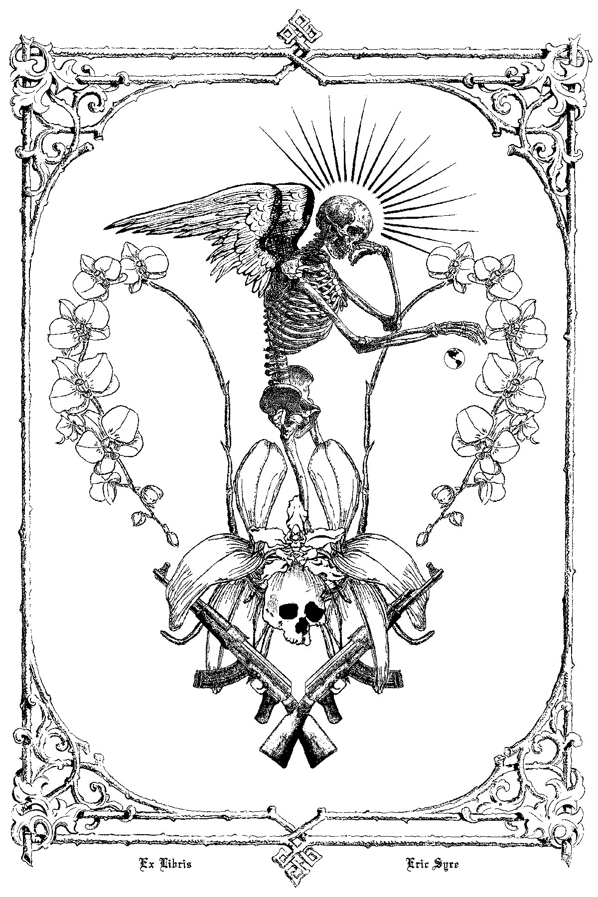 skeleton with wings and flowers