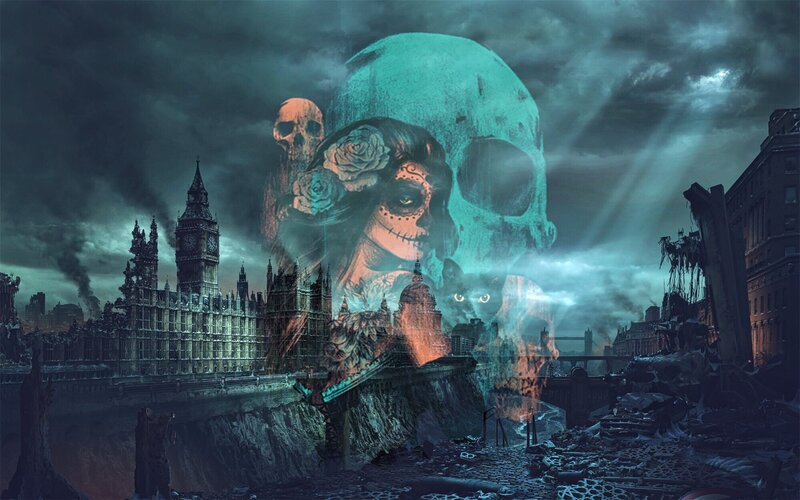 Skeleton Woman over City
