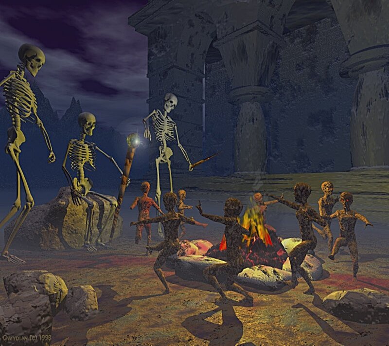 skeletons and ghouls around a fire