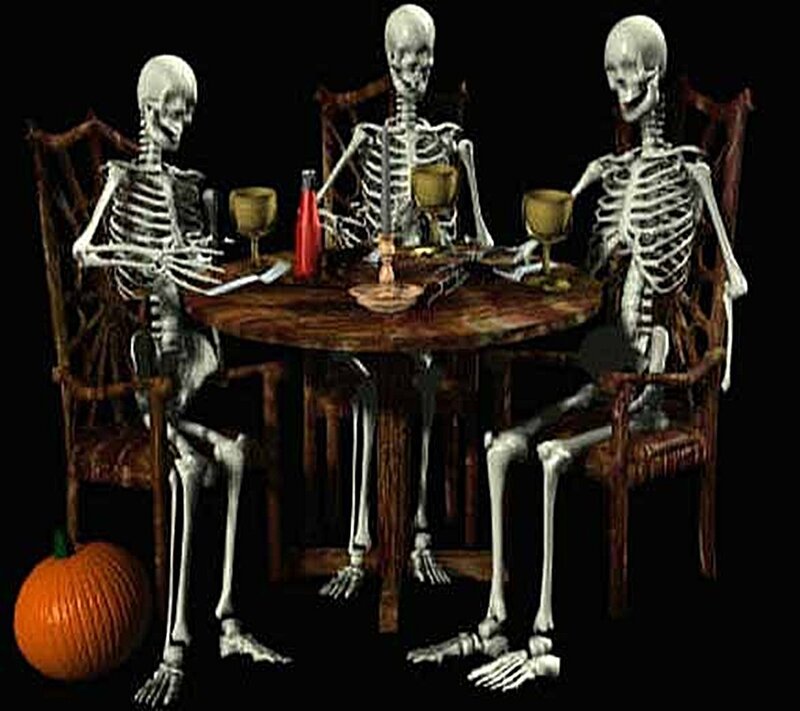 skeletons at a dinner table