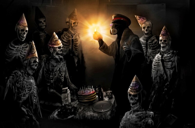 Skeletons at Birthday Party — Black, Dark, Night