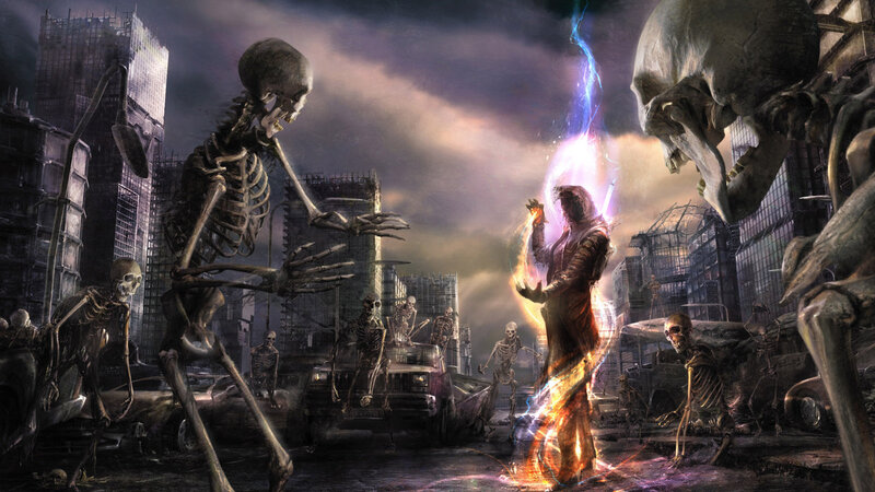 skeletons attack a sorcerer
