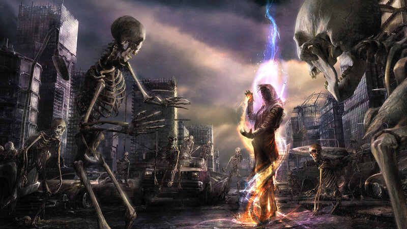 Skeletons Attacking Wizard — Purple