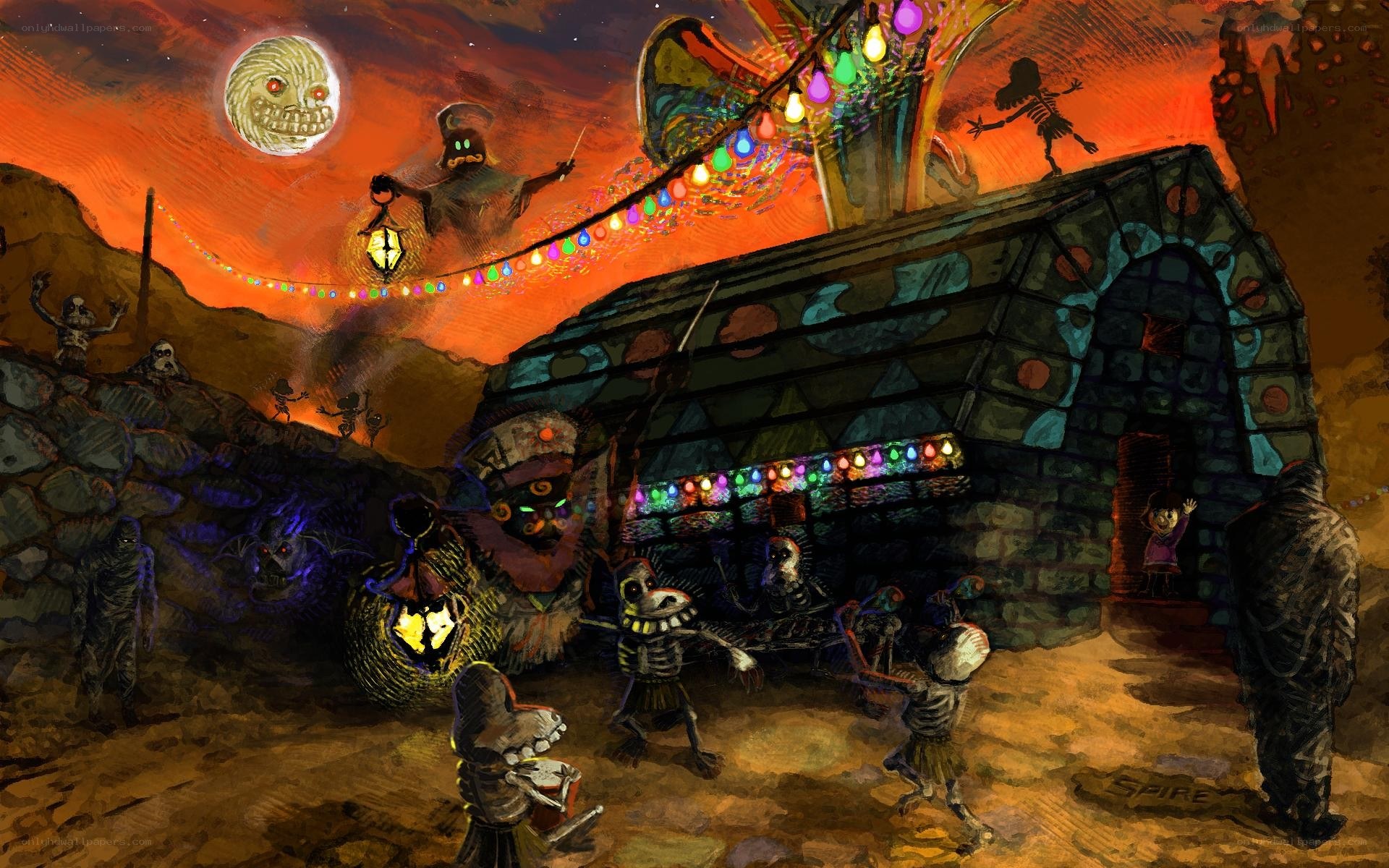 skeletons celebrating in a graveyard