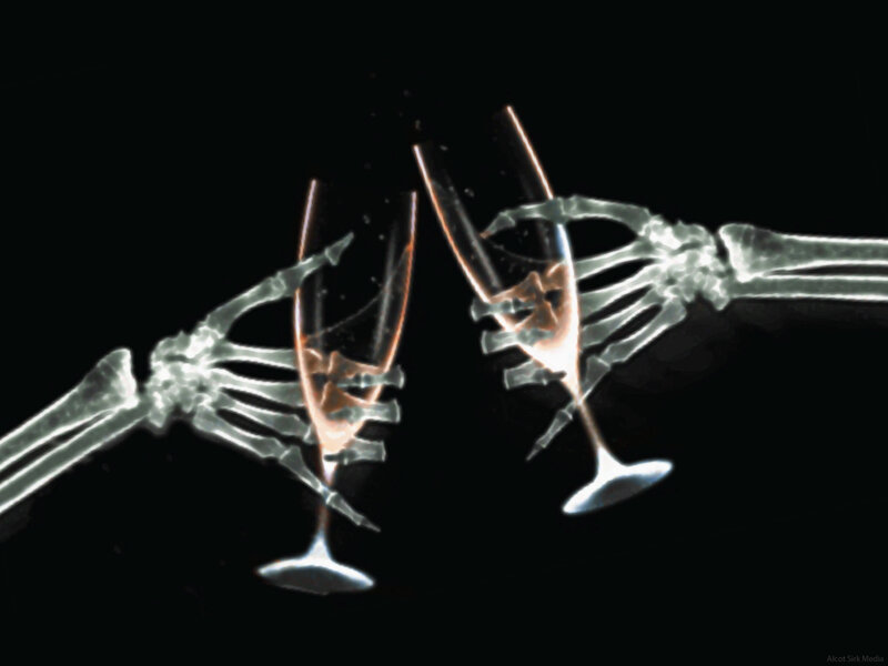 skeletons clinking glasses