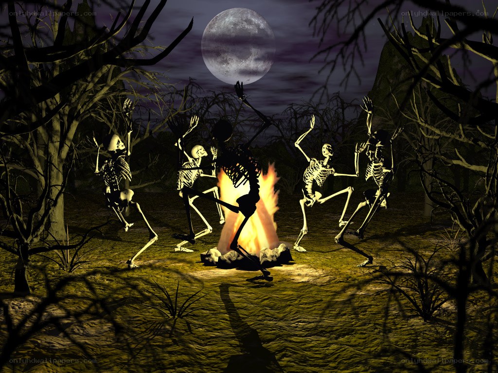 skeletons dancing around a fire