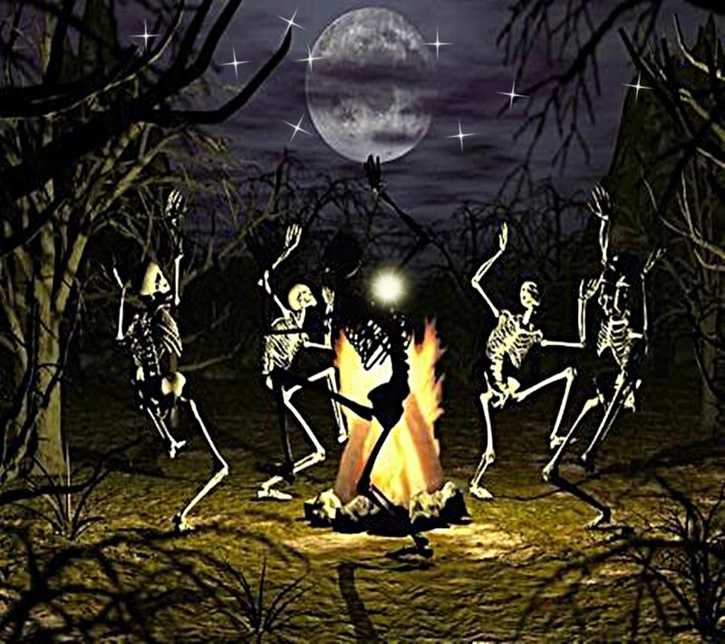 skeletons dancing around a fire