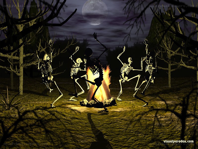 skeletons dancing around a fire