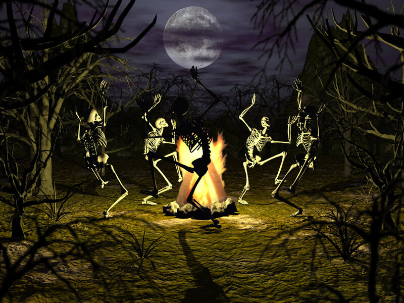 Skeletons Dancing Around Fire — Black, Creepy