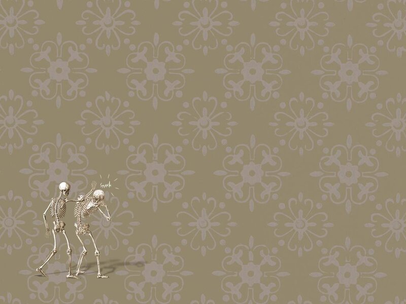 skeletons fighting on patterned wall