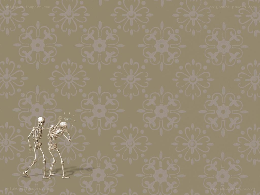 skeletons fighting on patterned wall