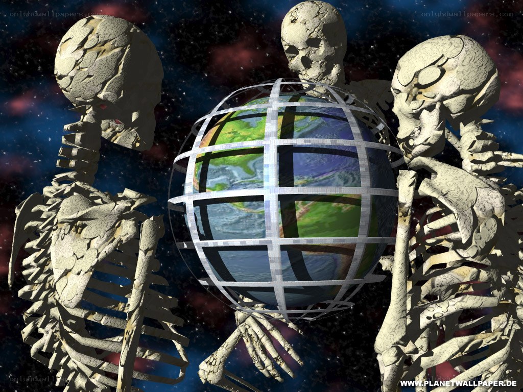skeletons holding a globe