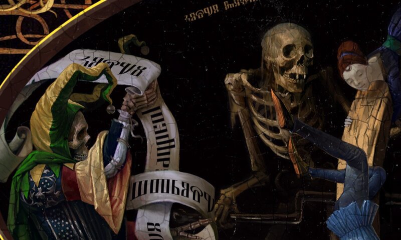 skeletons in a dark hall