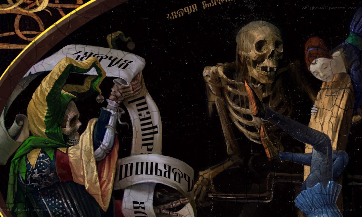 skeletons in a dark hall