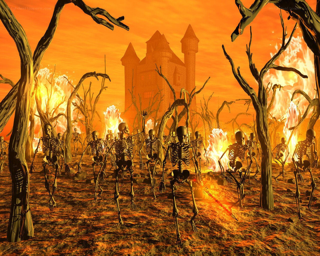skeletons in a fiery landscape