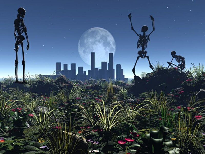 skeletons in a moonlit garden