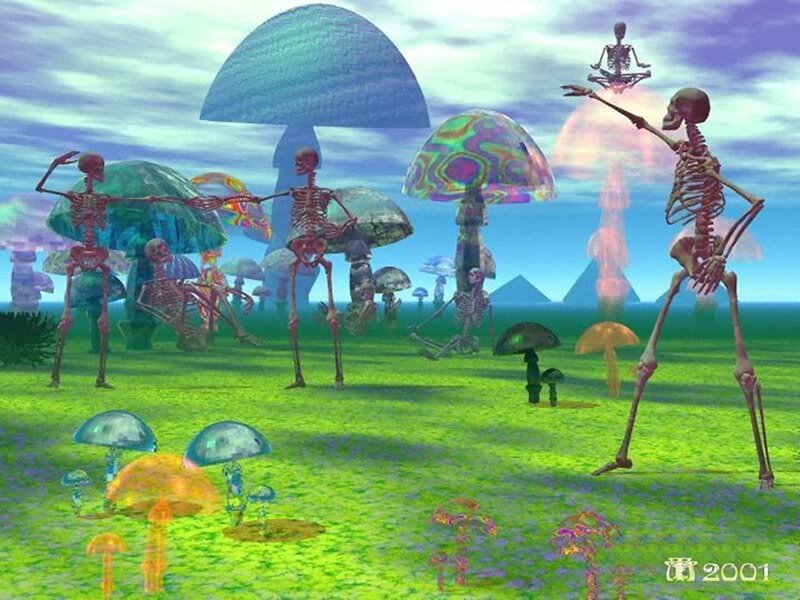 skeletons in a psychedelic landscape