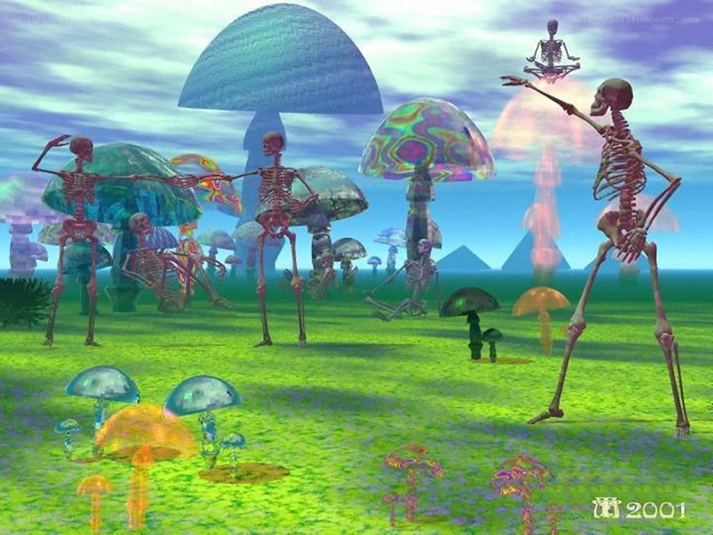 skeletons in a psychedelic landscape