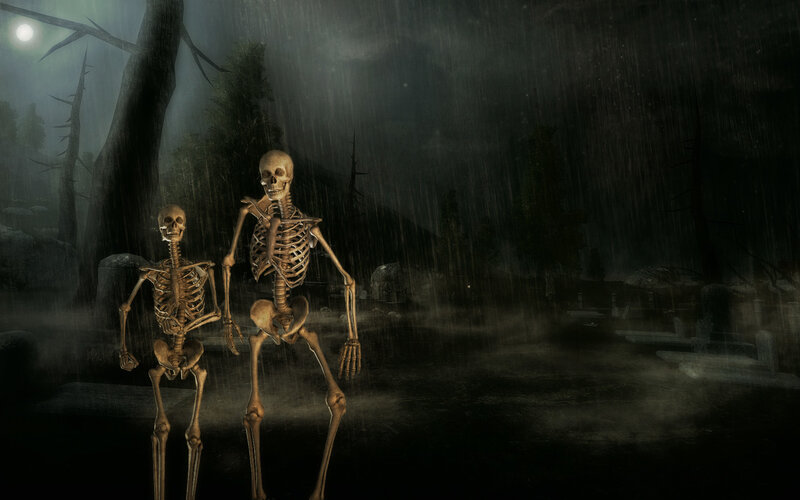 skeletons in a rainy graveyard