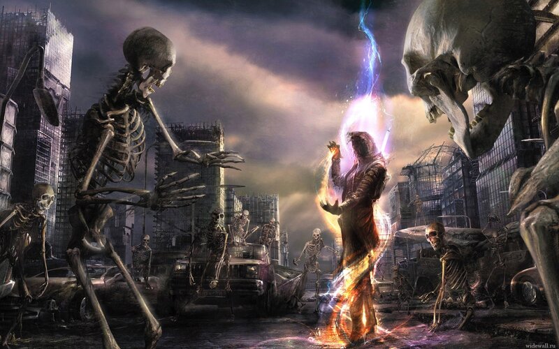 skeletons in a ruined city