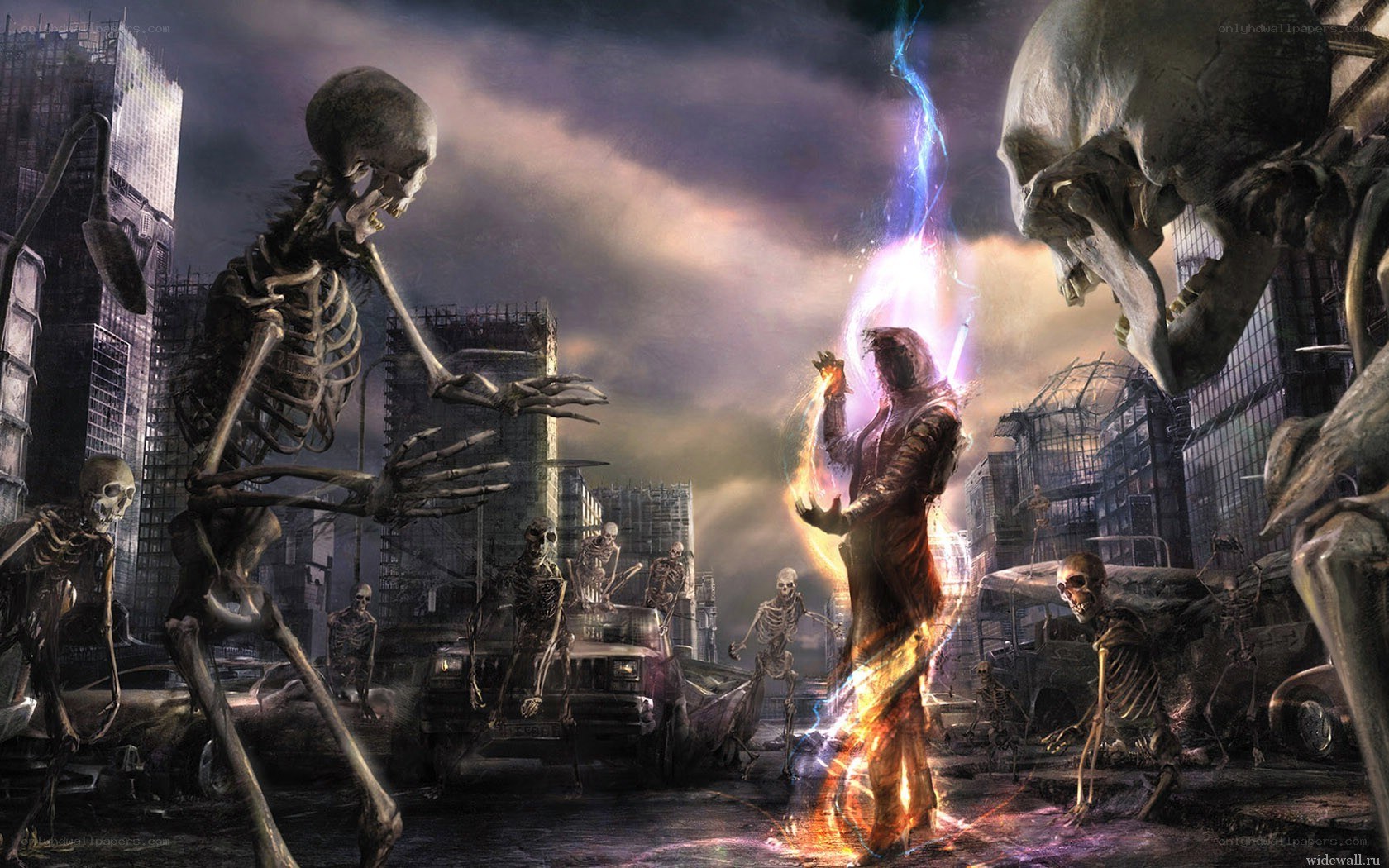 skeletons in a ruined city