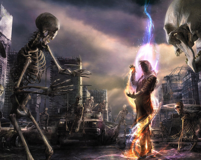 Skeletons in Ruined City — Purple, Dramatic, Night
