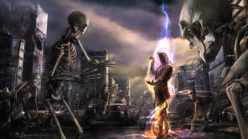 Skeletons in Ruined City — Purple, Dramatic