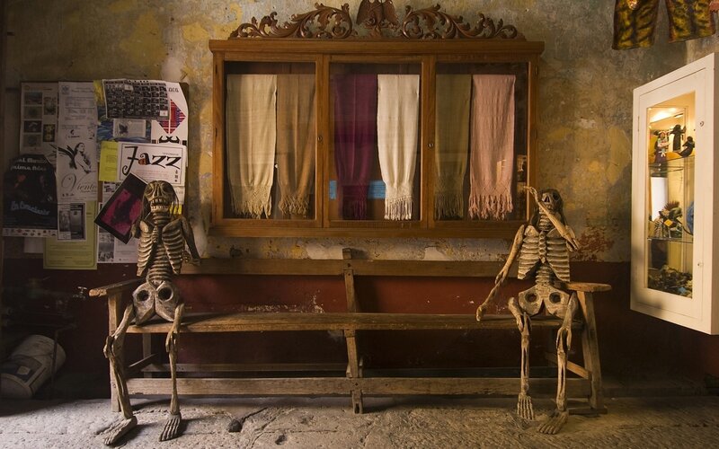 skeletons on a bench display