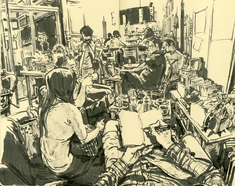 Sketch of a busy cafe