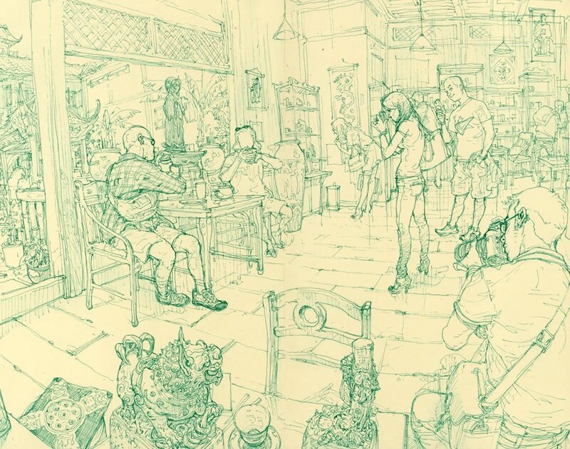 Sketch of a busy shop interior