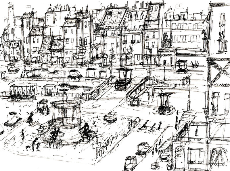 sketch of a town square