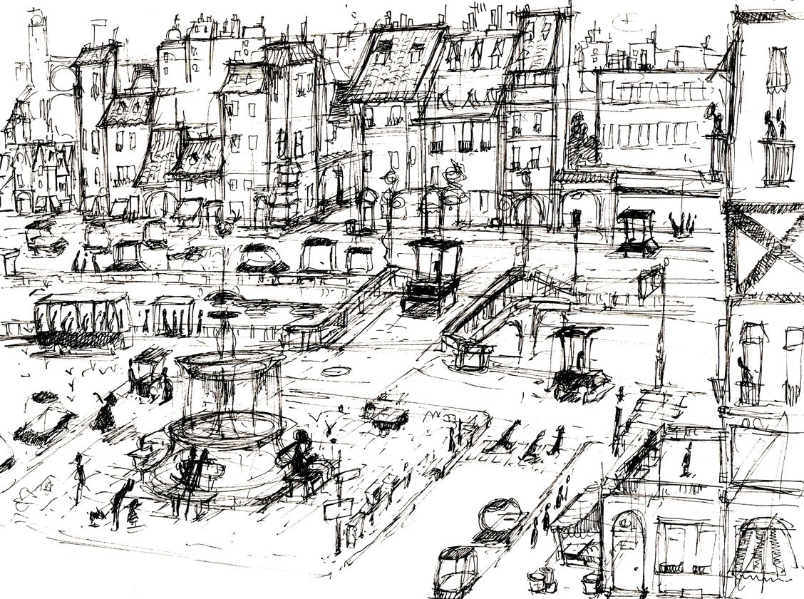 sketch of a town square