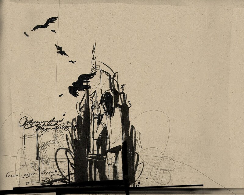sketch of birds and figure