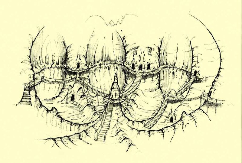 sketch of cave village