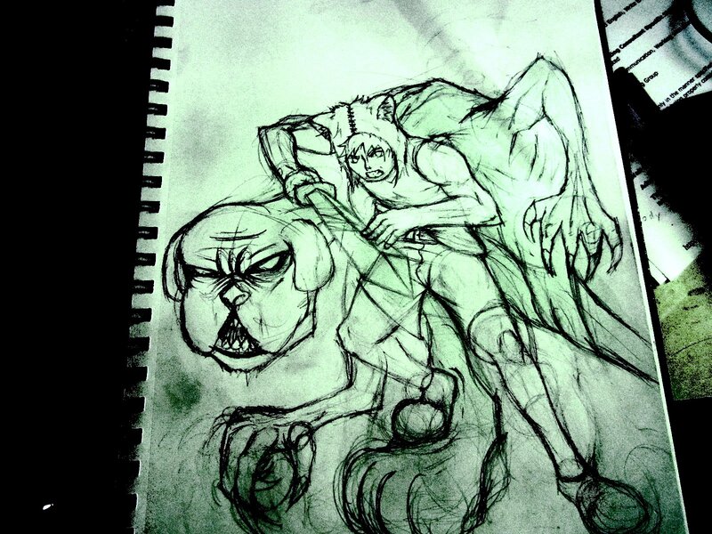 sketch of character on beast