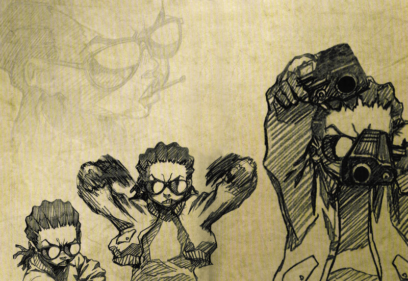 sketch of characters with cameras