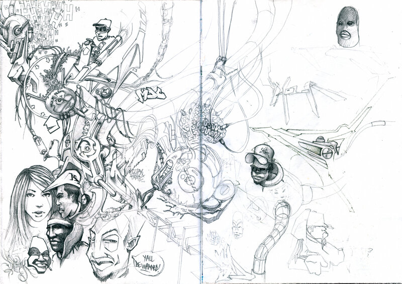 sketchbook page with character designs