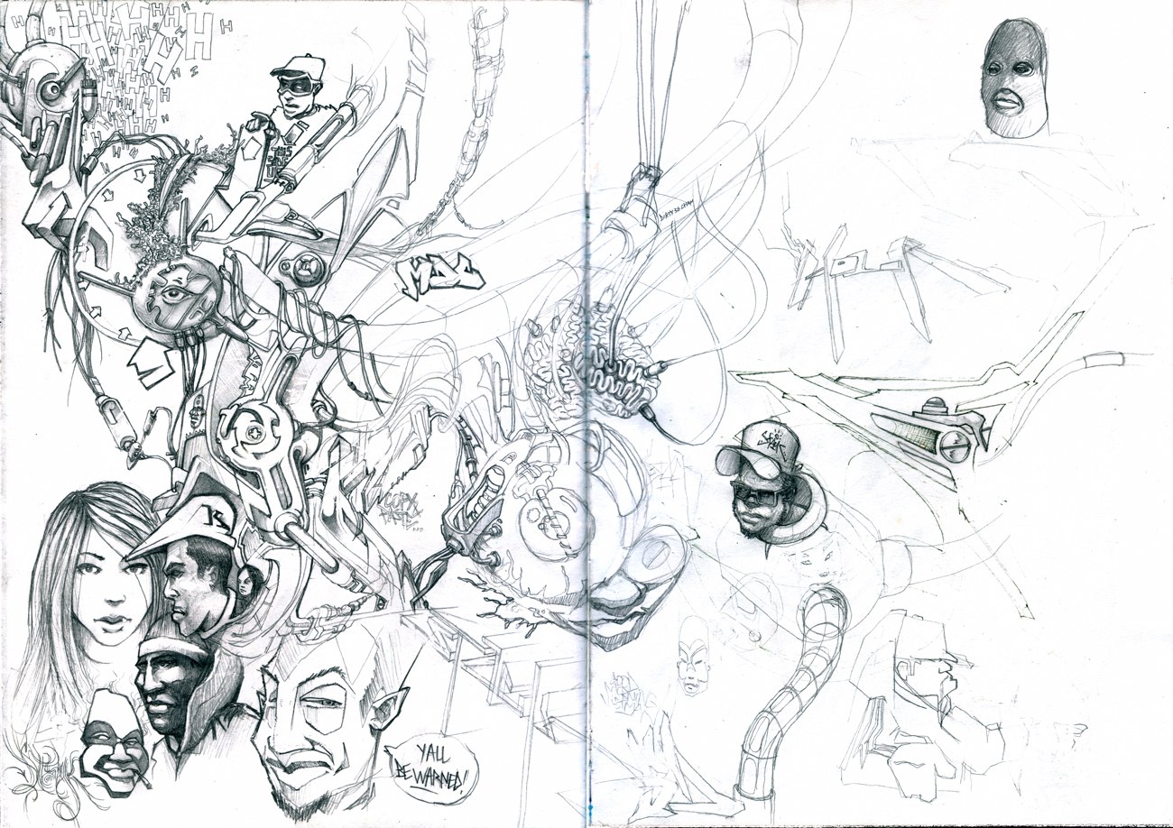 sketchbook page with character designs