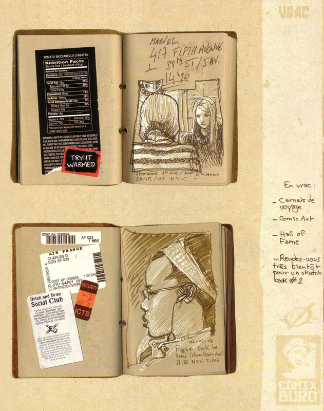 Sketchbook pages with travel mementos