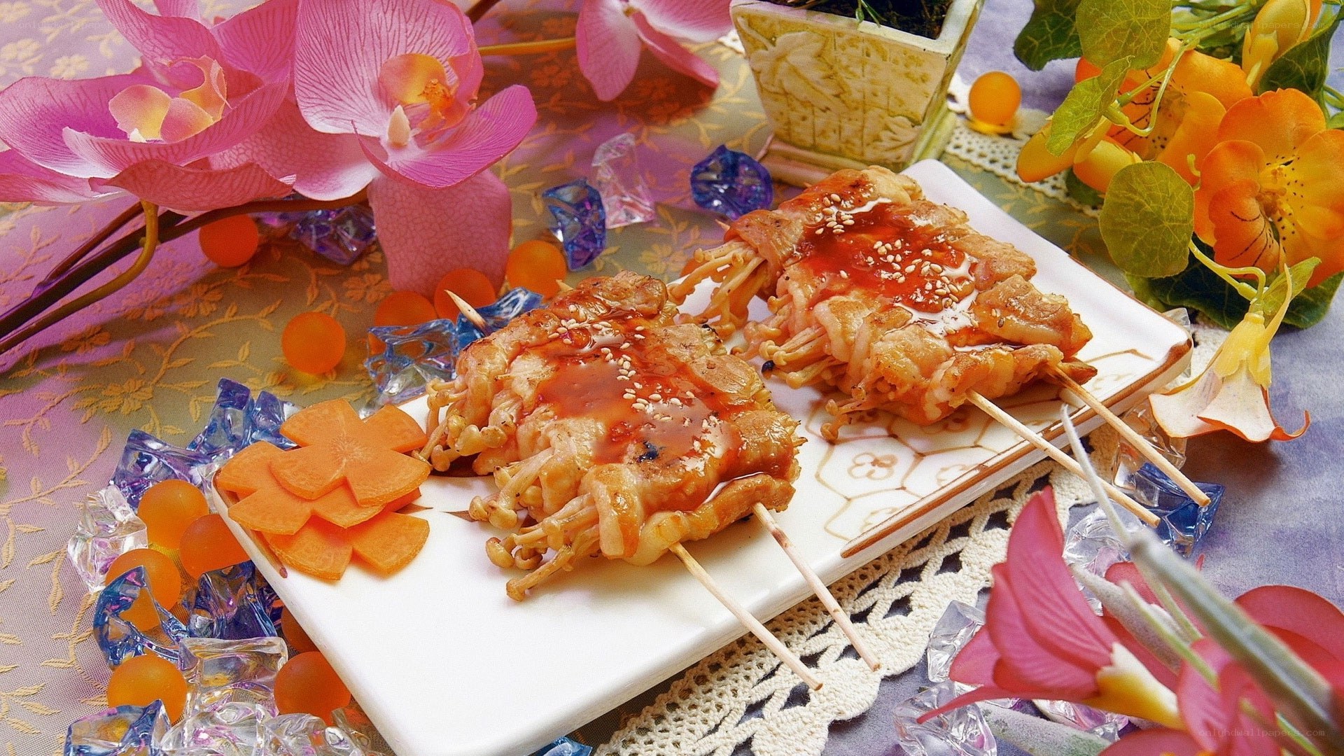 Skewered chicken and mushrooms