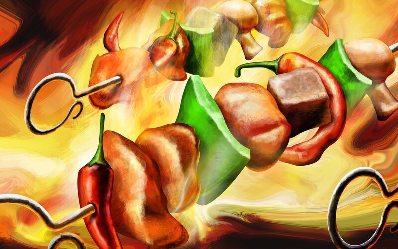Skewered Vegetables and Meat
