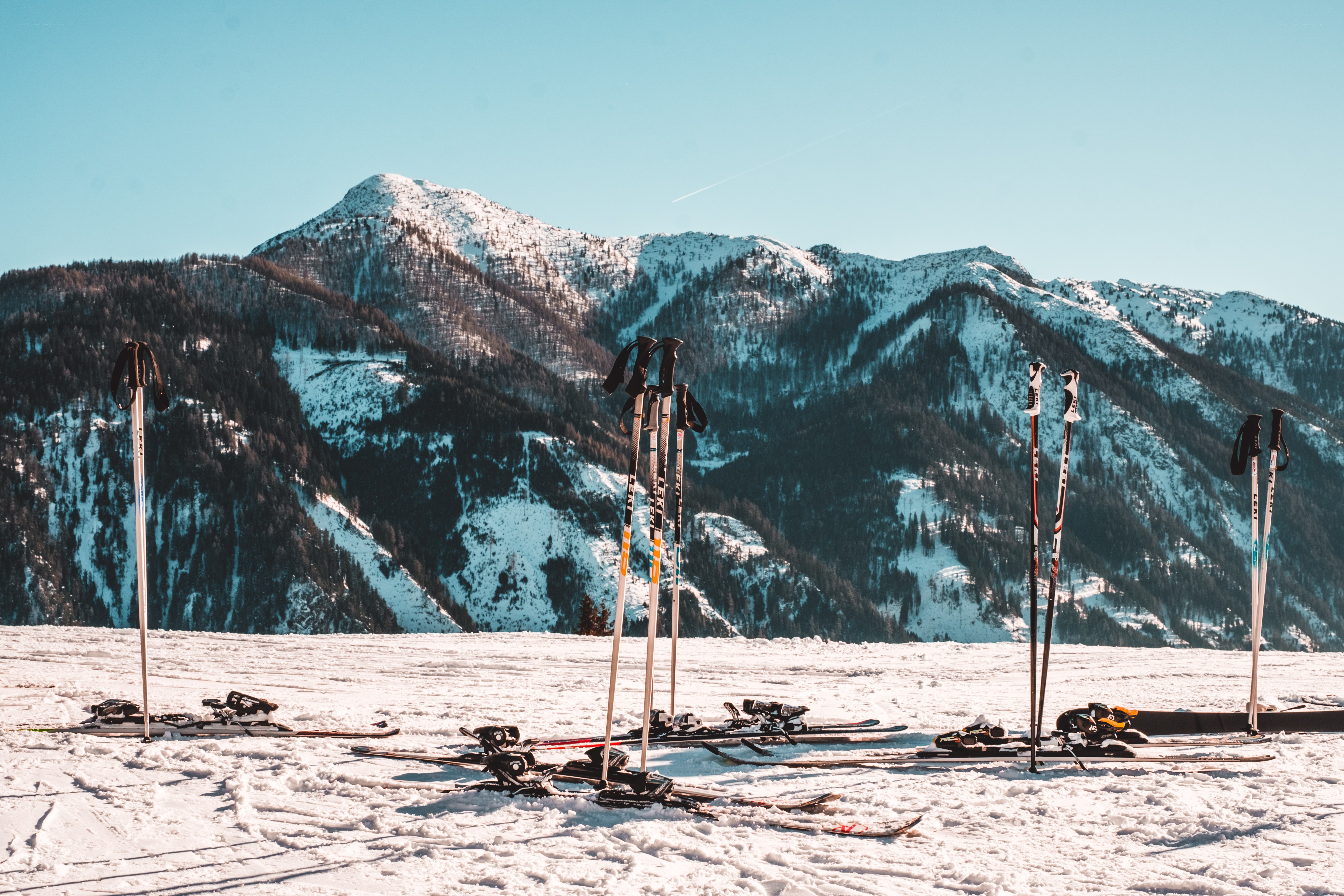 Ski equipment on snowy mountain