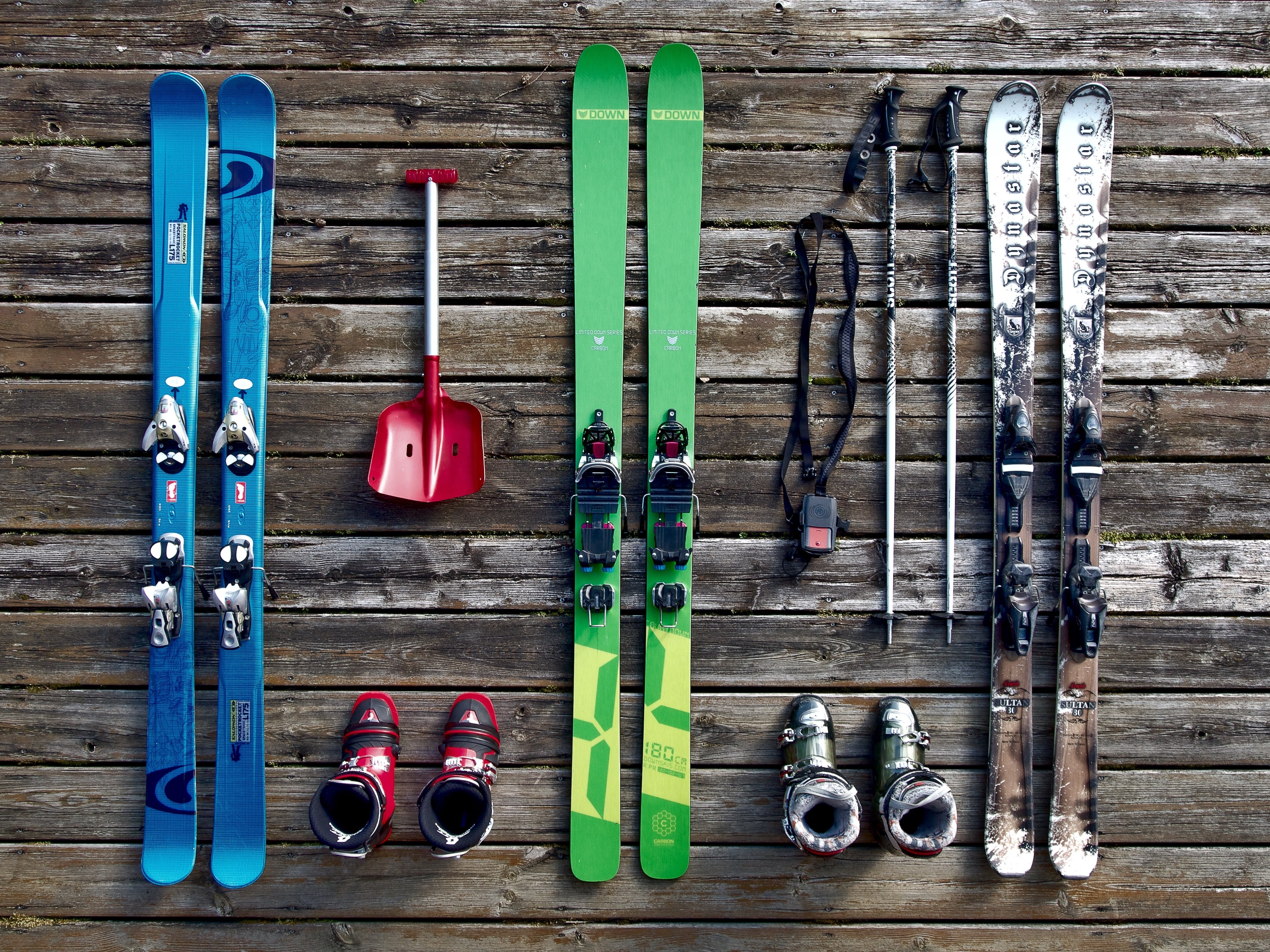 Ski equipment on wooden deck
